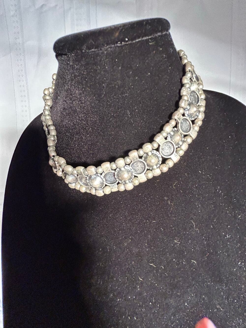 Vintage Indian Silver Tone Rhinestone Choker Necklace Floral Station Boho 18"